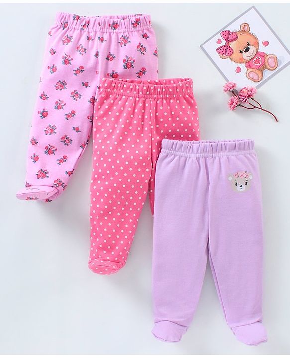 Babyhug Bootie Leggings Floral & Bear Print Pack of 3 - Pink & Purple