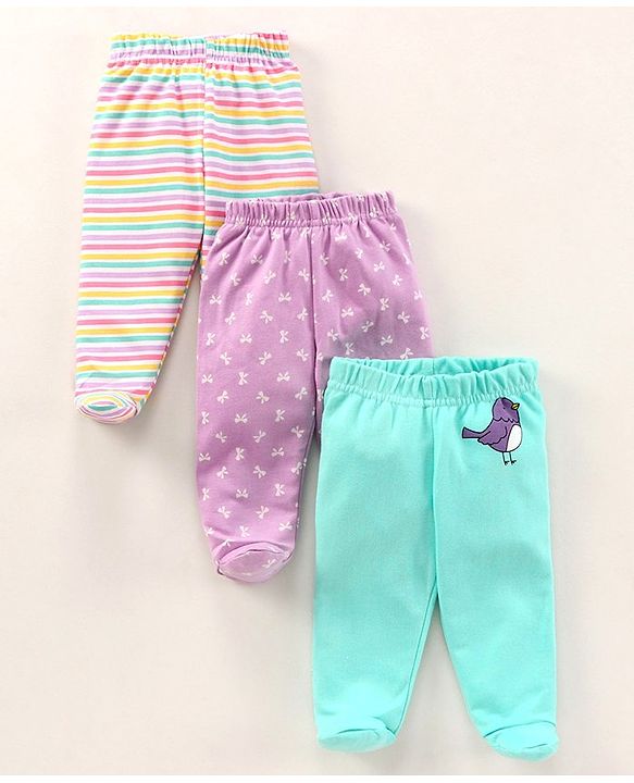 Babyhug Cotton Knit Bootie Leggings Striped Pack Of 3 - Blue