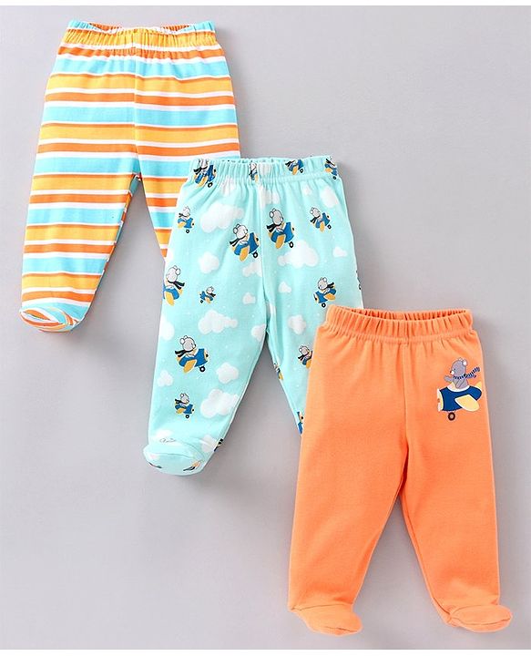 Babyhug Cotton Knit Striped & Bear Printed Bootie Leggings Pack of 3 - Multicolour
