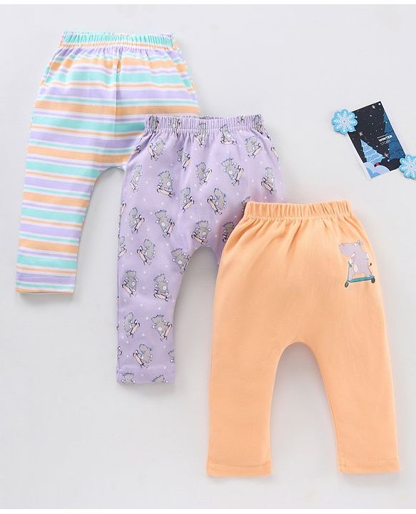 Babyhug Full Length Striped Diaper Pants Hippopotamus Print Pack of 3 - Multicolor