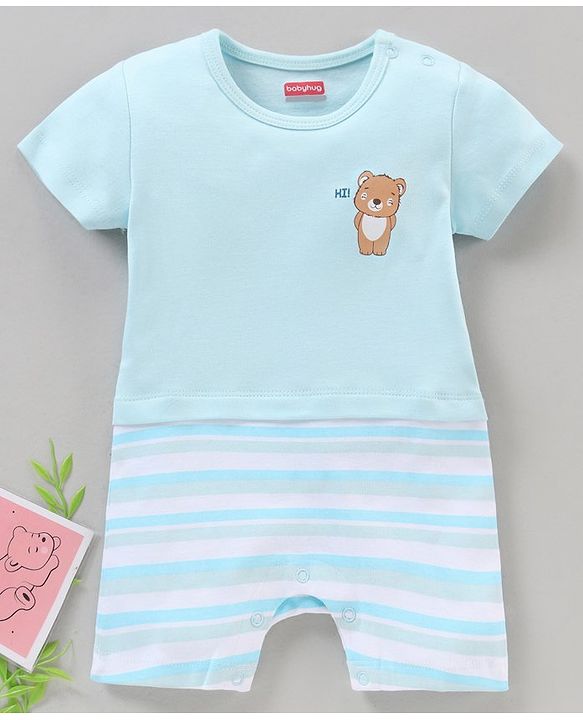 Babyhug 100% Cotton Half Sleeves Romper Bear & Stripes Print- Blue