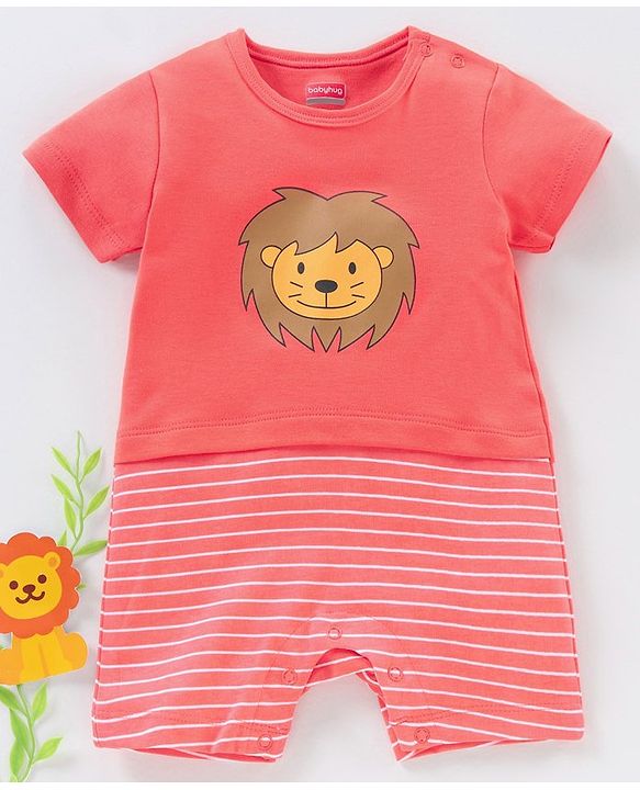 Babyhug 100% Cotton Half Sleeves Romper Lion & Stripes Print- Orange