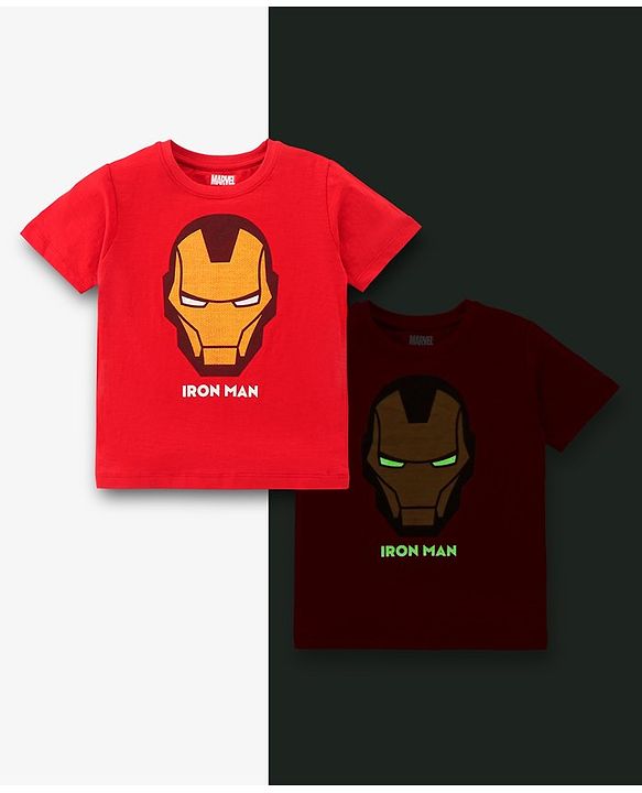 Pine Kids Half Sleeves Biowashed Glow In Dark T-Shirt Iron Man Print - Red