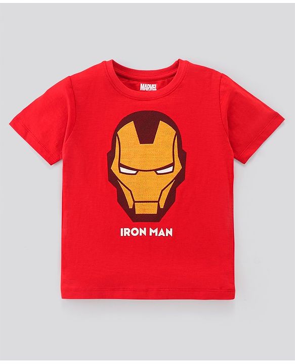 Pine Kids Half Sleeves Biowashed Glow In Dark T-Shirt Iron Man Print - Red