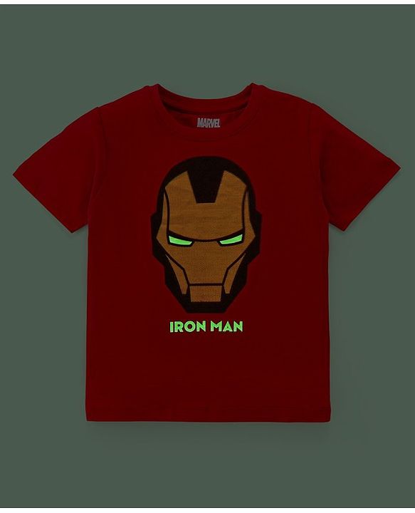 Pine Kids Half Sleeves Biowashed Glow In Dark T-Shirt Iron Man Print - Red