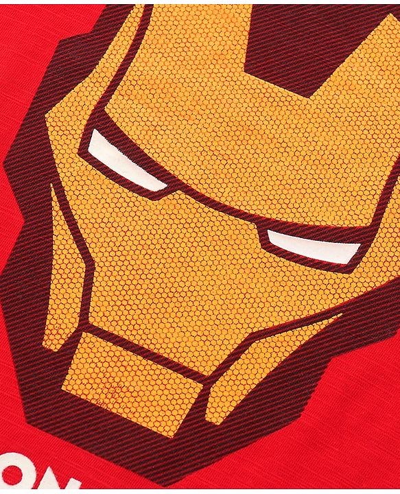 Pine Kids Half Sleeves Biowashed Glow In Dark T-Shirt Iron Man Print - Red