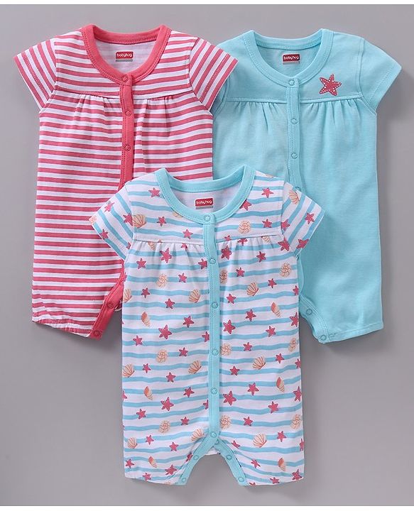 Babyhug 100% Cotton Knit Cap Sleeves Rompers Pack of 3 Stripes & Sea Life Print - Multicolour