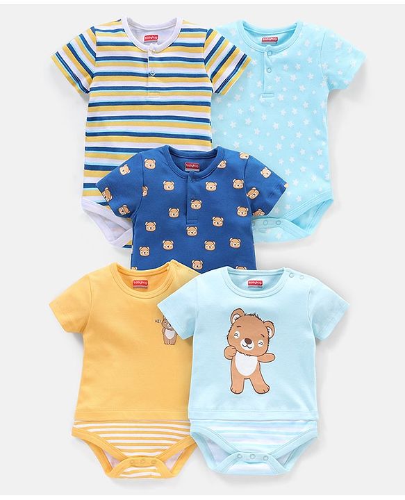 Babyhug 100% Cotton Half Sleeves  Onesies Teddy Print Pack of 5 - Multicolor