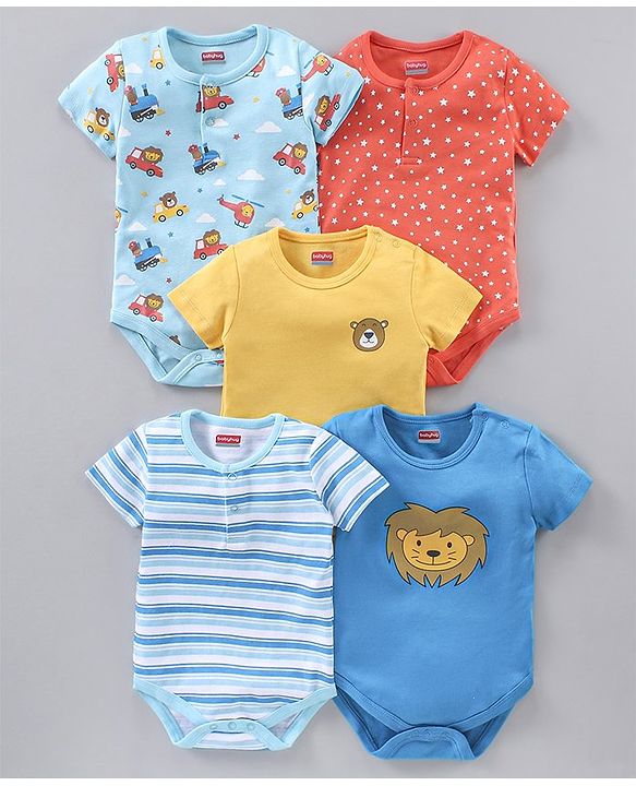 Babyhug 100% Cotton Half Sleeves Onesies Strip & Polka Dot Print Pack of 5 - Blue Yellow Red