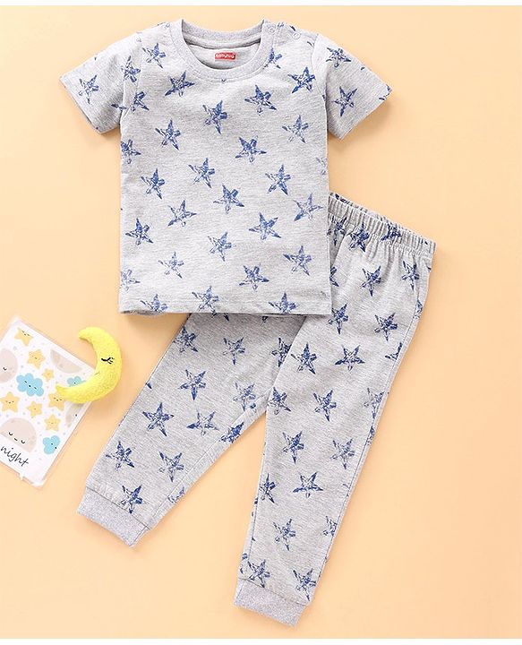 Babyhug Half Sleeves T-Shirt & Pyjama Star Print - Grey
