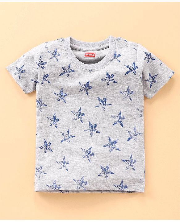 Babyhug Half Sleeves T-Shirt & Pyjama Star Print - Grey