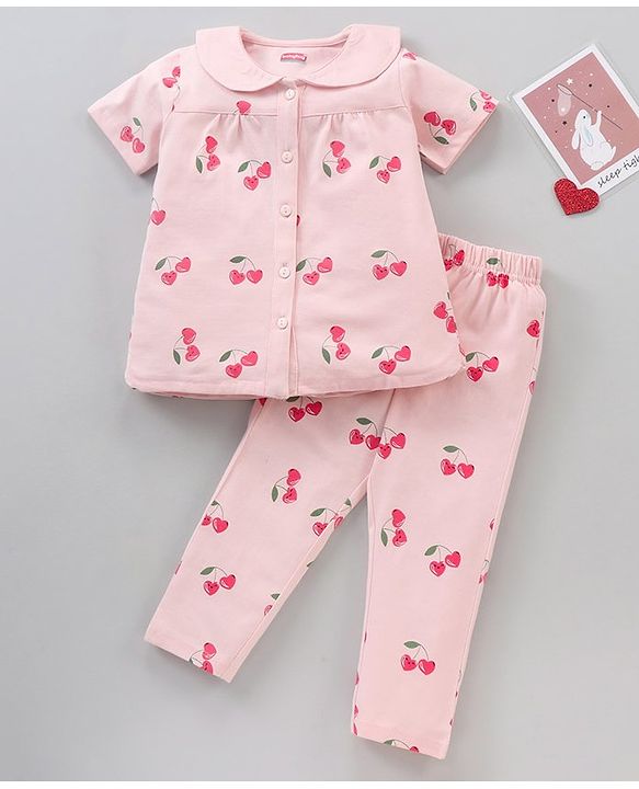 Babyhug Half Sleeves Cotton Night Suit Cherry Print- Pink