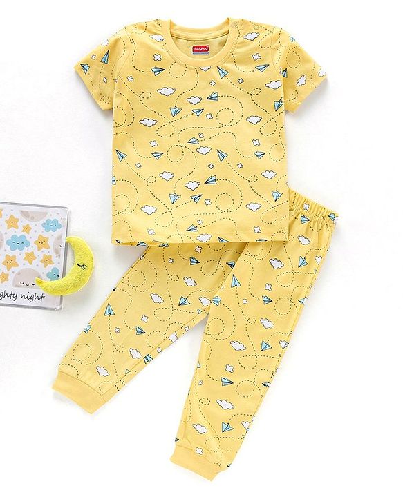Babyhug Half Sleeves T-Shirt & Pyjama Set Airplane Print - Yellow