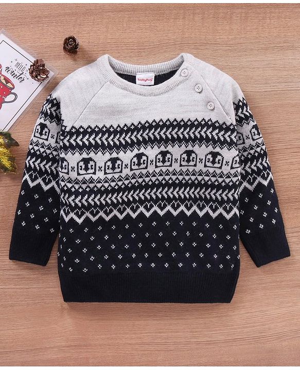 Babyhug Full Sleeves Sweater Placement Design- Blue Grey