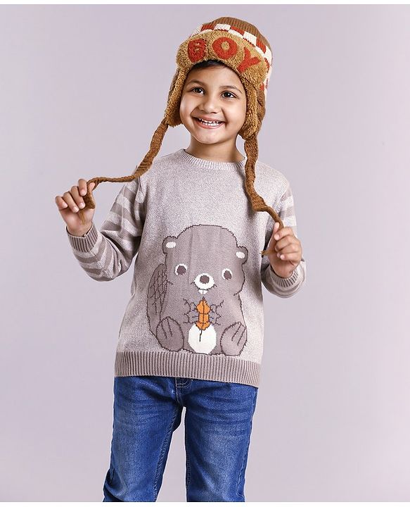 Babyhug Full Sleeves Sweater Squirrel Design - Light Grey