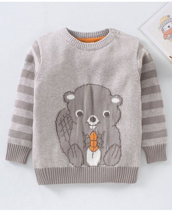 Babyhug Full Sleeves Sweater Squirrel Design - Light Grey