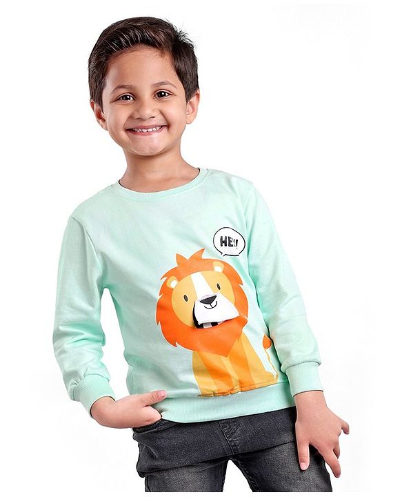 Babyhug Cotton Knit Full Sleeves Sweatshirt Lion Print & Applique - Mint Green