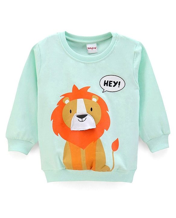 Babyhug Cotton Knit Full Sleeves Sweatshirt Lion Print & Applique - Mint Green