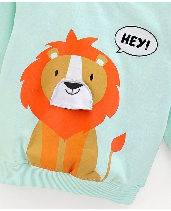 Babyhug Cotton Knit Full Sleeves Sweatshirt Lion Print & Applique - Mint Green