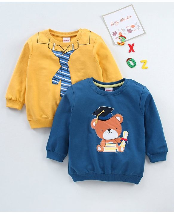 Babyhug Full Sleeves Sweatshirts Bear Print Pack of 2 - Yellow Blue