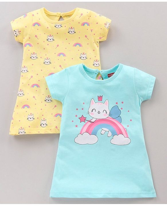 Babyhug Half Sleeves Nighty Kitty Print Pack of 2 - Blue Yellow