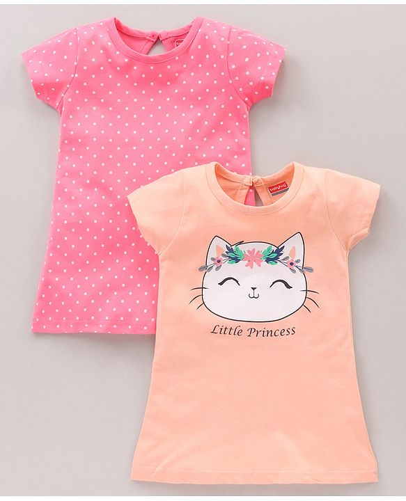 Babyhug Half Sleeves Nighty Kitty Dot & Print Pack of 2 - Peach Pink