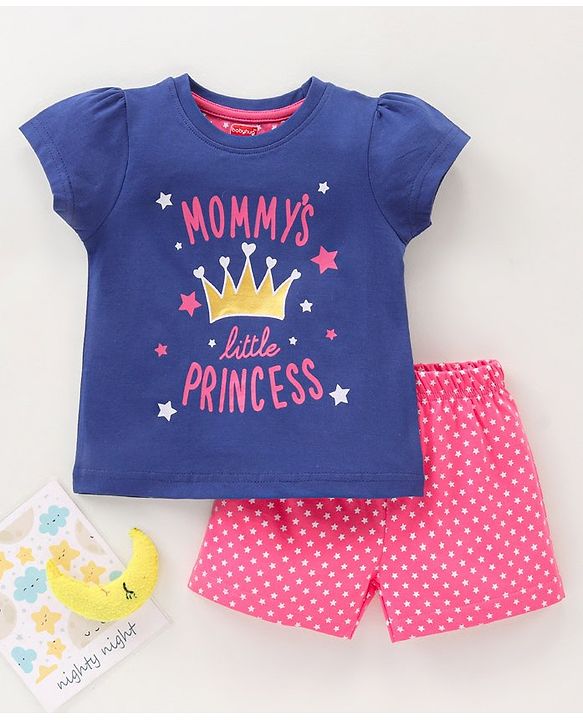 Babyhug Half Sleeves Top & Shorts Crown Print - Blue Pink