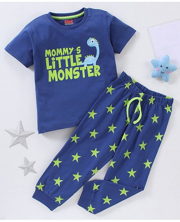 Babyhug Cotton Half Sleeves Night Suit Star and Text Print - Navy Blue