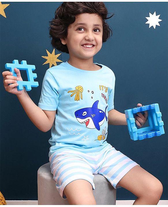 Babyhug Half Sleeves Cotton Shorts Set Shark Printed - Blue