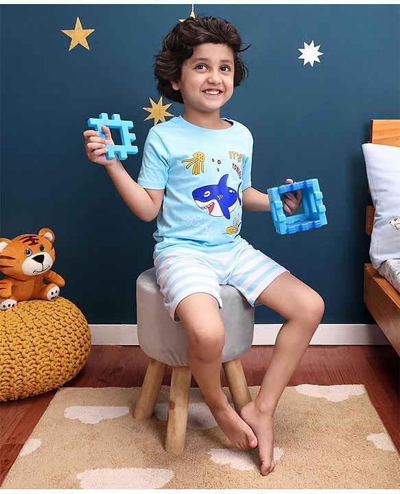 Babyhug Half Sleeves Cotton Shorts Set Shark Printed - Blue