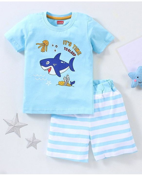 Babyhug Half Sleeves Cotton Shorts Set Shark Printed - Blue