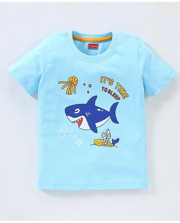 Babyhug Half Sleeves Cotton Shorts Set Shark Printed - Blue