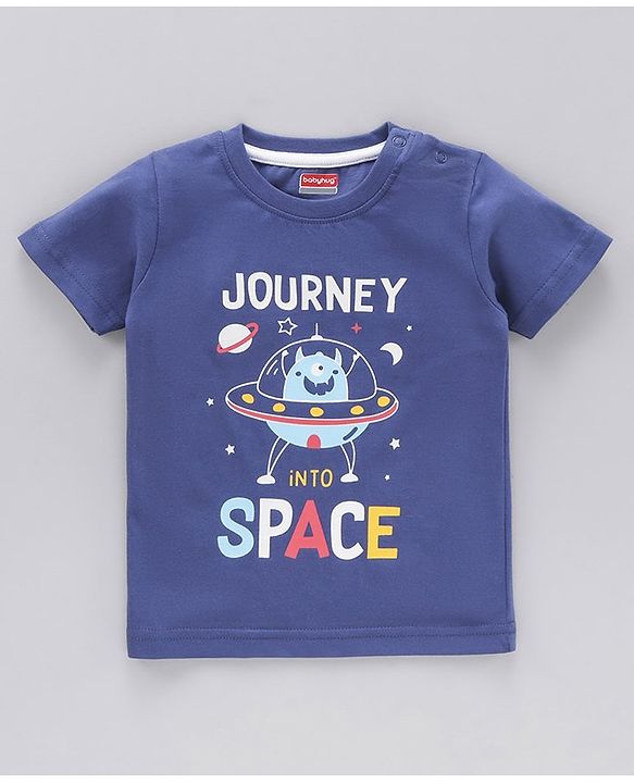 Babyhug Cotton Half Sleeves Night Suit Stripes and Journey into Space Print - Navy Blue
