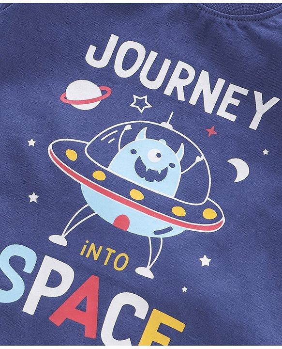 Babyhug Cotton Half Sleeves Night Suit Stripes and Journey into Space Print - Navy Blue