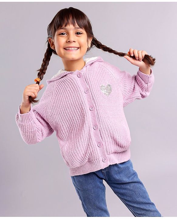 Babyhug Knit Full Sleeves Cable Knitted & Sequins Detailing Hooded Sweater - Purple