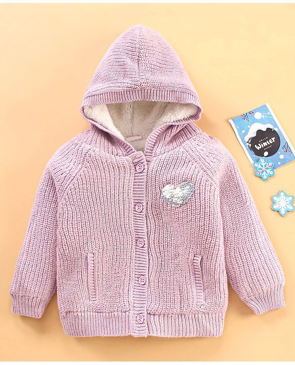 Babyhug Knit Full Sleeves Cable Knitted & Sequins Detailing Hooded Sweater - Purple