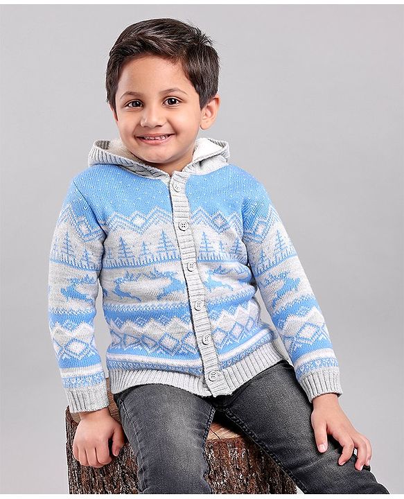 Babyhug Knit Full Sleeves Intarsia Printed Hooded Sweater - Grey Blue