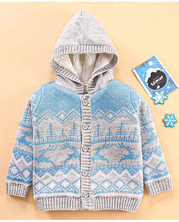 Babyhug Knit Full Sleeves Intarsia Printed Hooded Sweater - Grey Blue