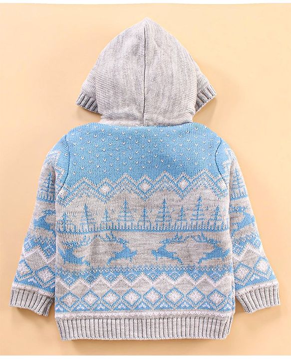 Babyhug Knit Full Sleeves Intarsia Printed Hooded Sweater - Grey Blue