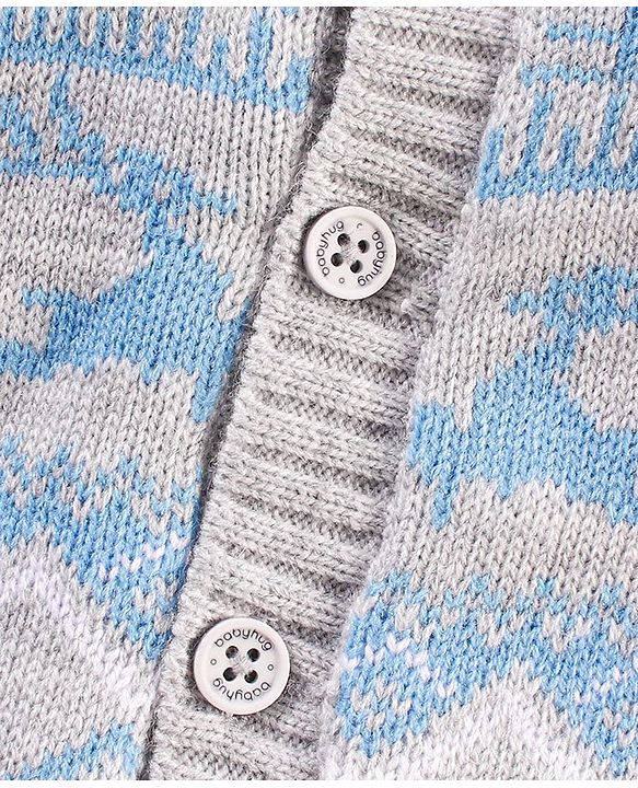 Babyhug Knit Full Sleeves Intarsia Printed Hooded Sweater - Grey Blue