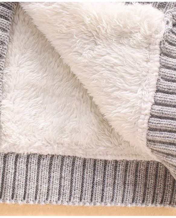 Babyhug Knit Full Sleeves Intarsia Printed Hooded Sweater - Grey Blue