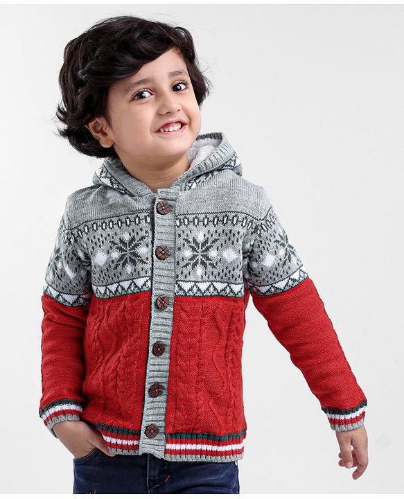 Babyhug Knitted Full Sleeves Front Open Hooded Sweater Cable Knit - Red Grey