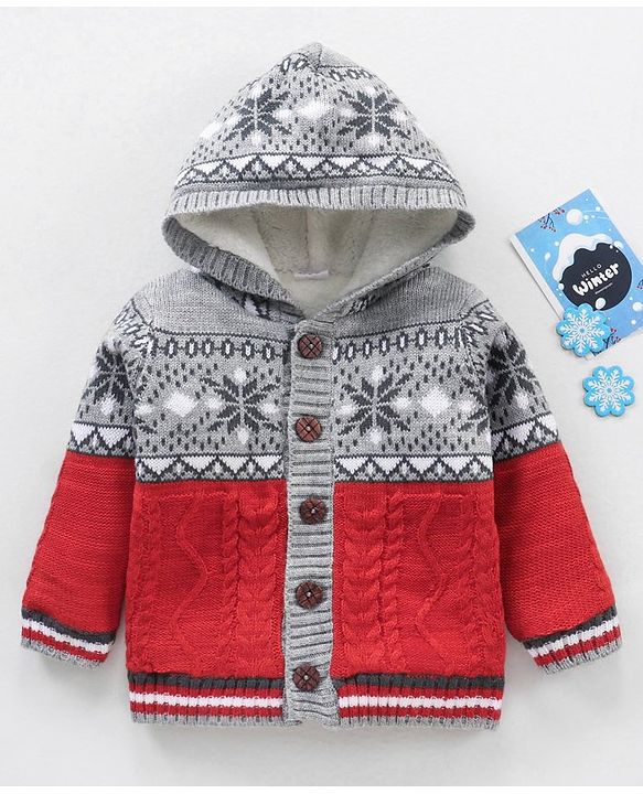 Babyhug Knitted Full Sleeves Front Open Hooded Sweater Cable Knit - Red Grey