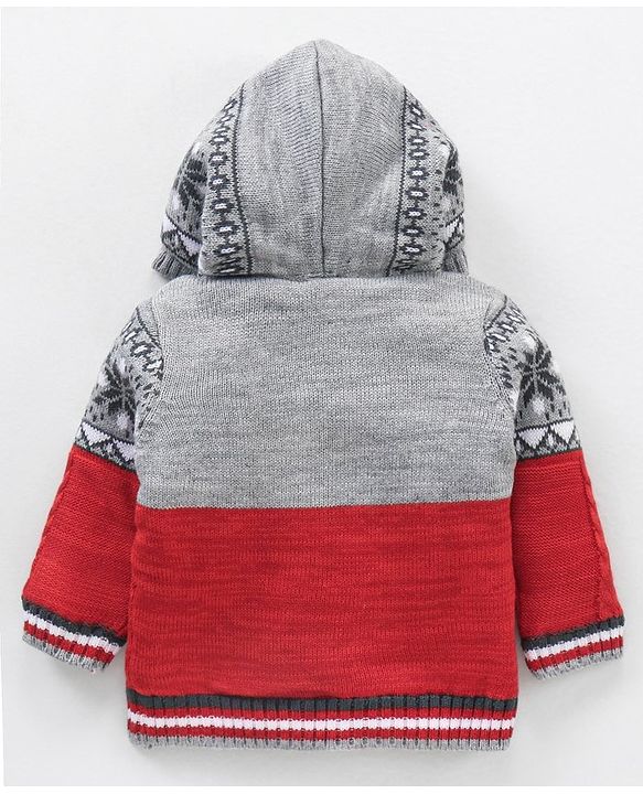 Babyhug Knitted Full Sleeves Front Open Hooded Sweater Cable Knit - Red Grey