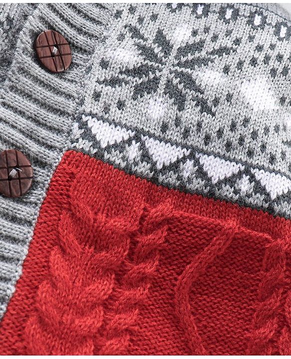 Babyhug Knitted Full Sleeves Front Open Hooded Sweater Cable Knit - Red Grey