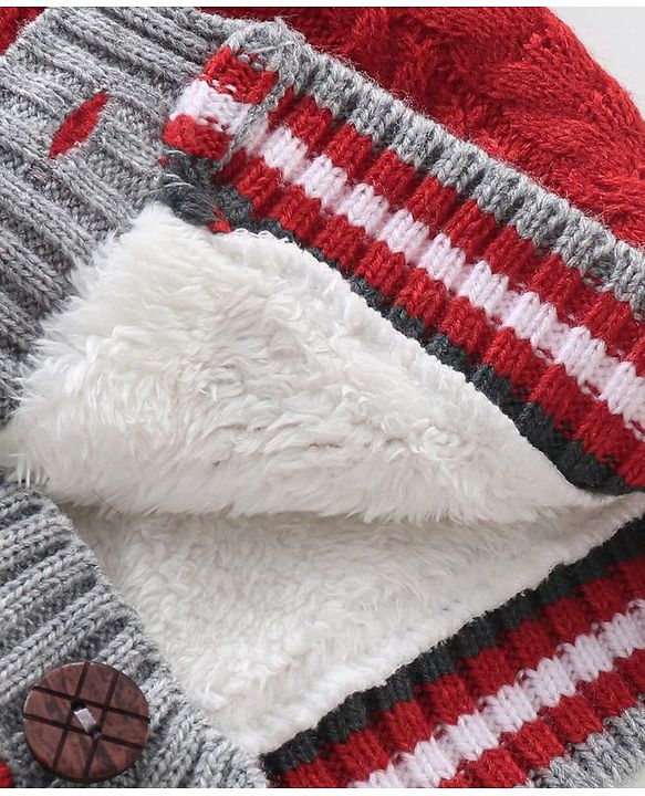 Babyhug Knitted Full Sleeves Front Open Hooded Sweater Cable Knit - Red Grey