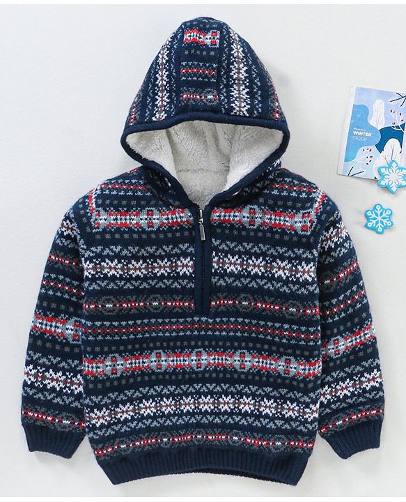 Babyhug  Blend Full Sleeves Hooded Sweater - Blue