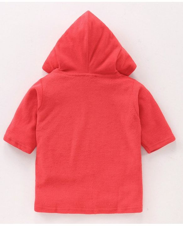 Babyhug Three Fourth Sleeves Hooded Bath Robe Penguin Embroidery- Red