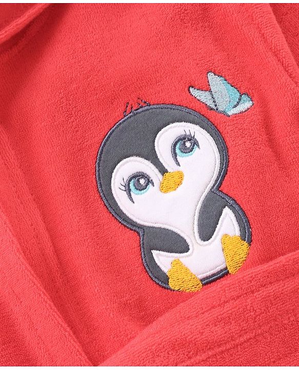 Babyhug Three Fourth Sleeves Hooded Bath Robe Penguin Embroidery- Red