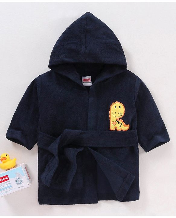 Babyhug Cotton Full Sleeves Dino Embroidery Hooded Bath Rob - Navy